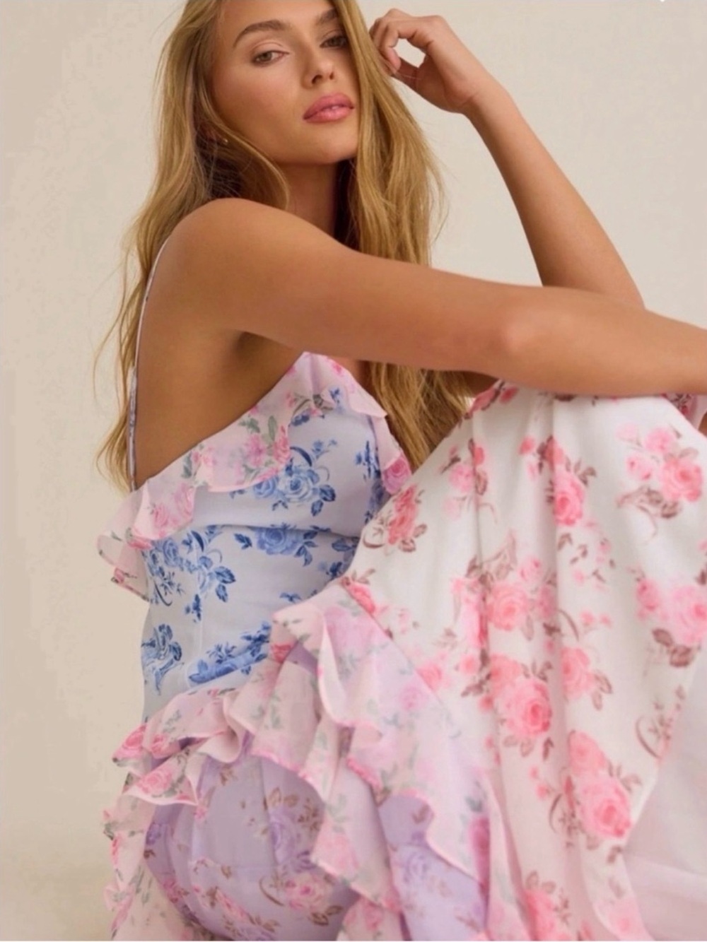 Altar'd State White Multicolored Maxi Dress with Pink and Blue Floral Print